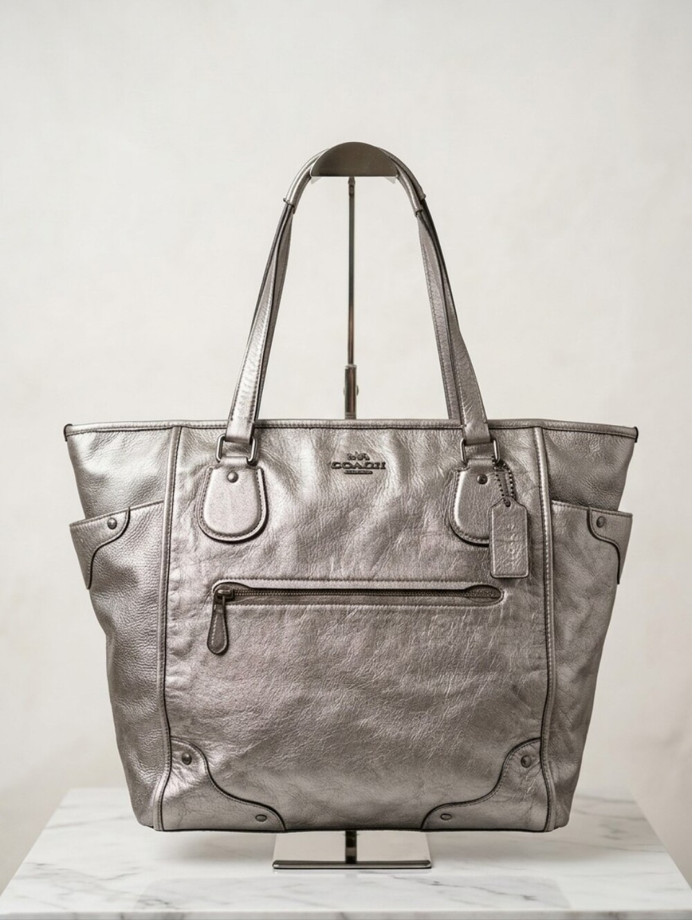 Coach Metallic Pewter Pebbled Leather Zip Top Tote Shoulder Bag